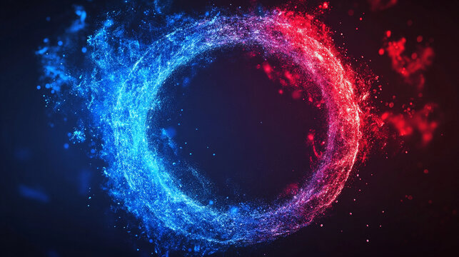 Red and blue glowing particles form a rotating circular ring in a dark space, creating a dynamic intro logo motion background with vibrant energy and futuristic light effects.
