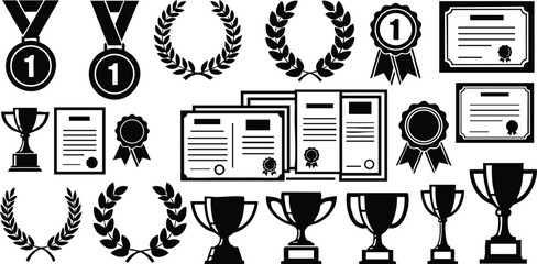 Awards and trophies collection showcasing medals, certificates, and laurel wreaths for celebrating achievements and success in various fields 