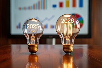 2025 vs 2026 business growth comparison visualized with illuminated glass bulbs and modern symbolism