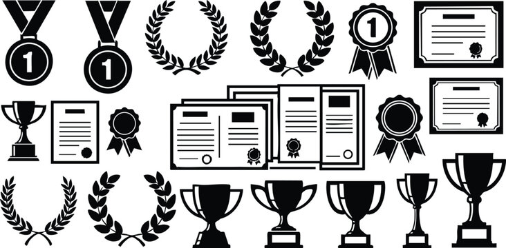 Awards and trophies collection showcasing medals, certificates, and laurel wreaths for celebrating achievements and success in various fields 