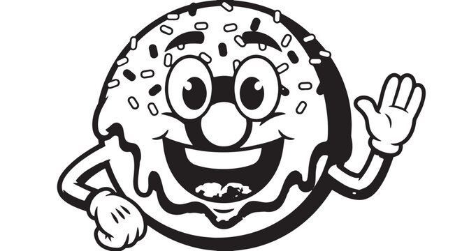 Playful donut cartoon character waving with icing and sprinkles.