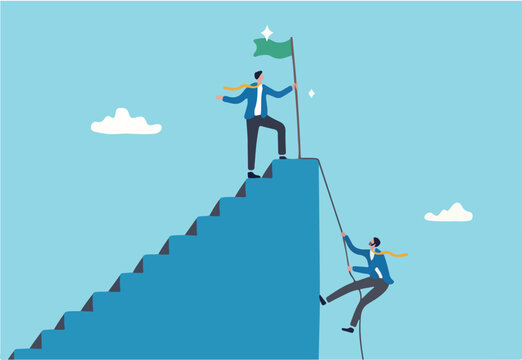 Efficient way to win business competition, productive or effectiveness work, smart easy way to reach goal, better clever solution concept, businessman winner walk up stair to win business competition.