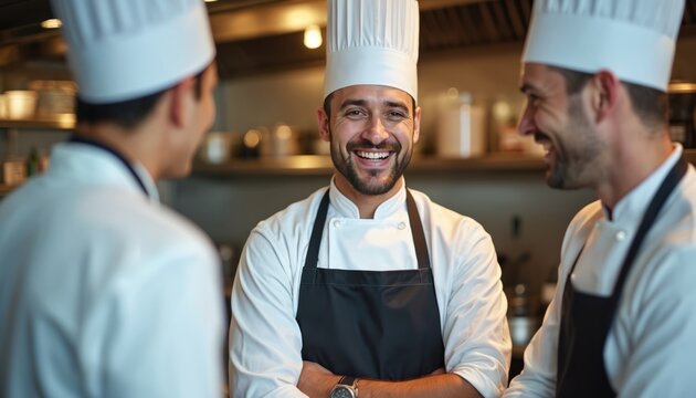 Three cheerful chefs discuss in restaurant kitchen. Men smile, wear uniform. Positive atmosphere, conversation between culinary team members. Staff communication at work. Teamwork, pro collaboration.