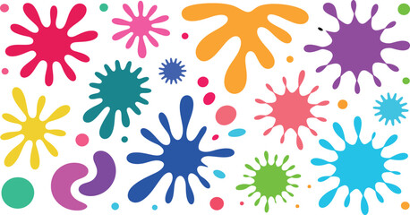 Set of assorted colorful ink splatters and blots on transparent backdrop