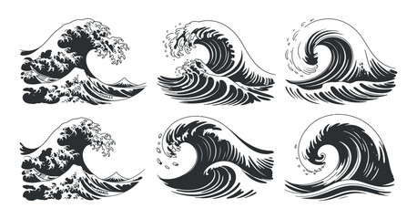 Fototapeta premium Set of Japanese wave illustrations in traditional style