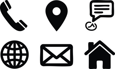 Communication icons set featuring phone, location pin, speech bubble, globe, email, and home symbol for digital use 