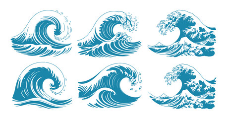 Set of blue ocean wave illustrations in japanese style