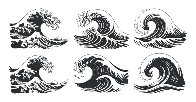 Set of Japanese wave illustrations in traditional style