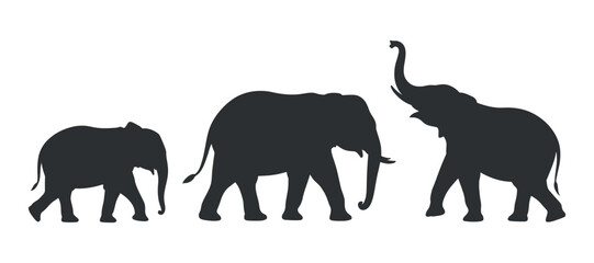 Three elephant silhouettes of varying sizes walking in line