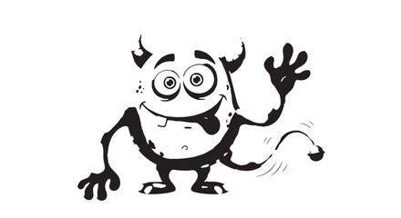 Playful black and white cartoon monster character with quirky limbs and big eyes illustration.