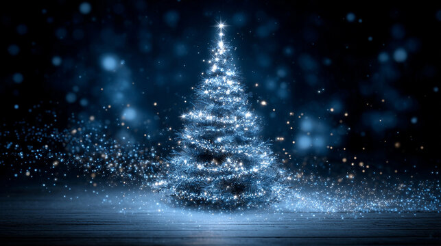 A glowing Christmas tree rotates softly at the center while snowflakes and sparkling stars fall through the scene, creating a magical holiday atmosphere for Christmas or New Year backgrounds.