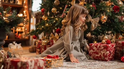 Charming little girl in a vintage dress happily placing a beautifully wrapped golden gift under a decorated christmas tree in a cozy room