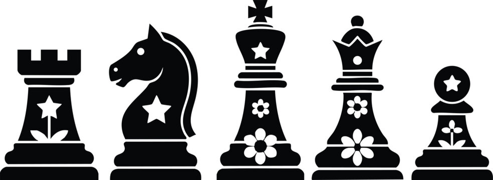 Chess pieces with floral designs in a minimalist black and white style for game enthusiasts and artists 