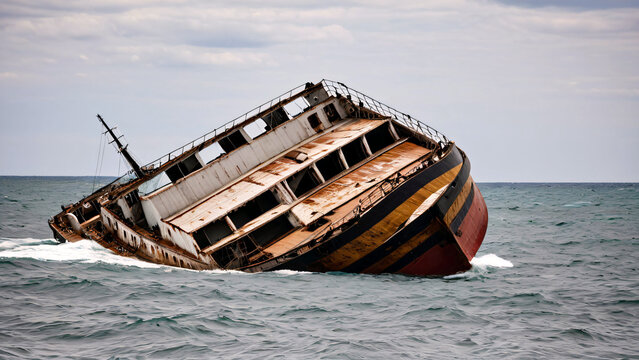Sinkendes Schiff treibt im offenen Meer