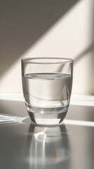 Light reflecting off a clear water glass, creating shimmering highlights, soft refractions, and a clean, minimal, and visually appealing composition.