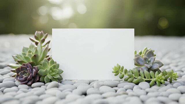 A serene close-up shot features a blank white card standing upright on a bed of smooth, light-grey pebbles. Lush, vibrant green and purple succulents elegantly frame the customizable space on either s