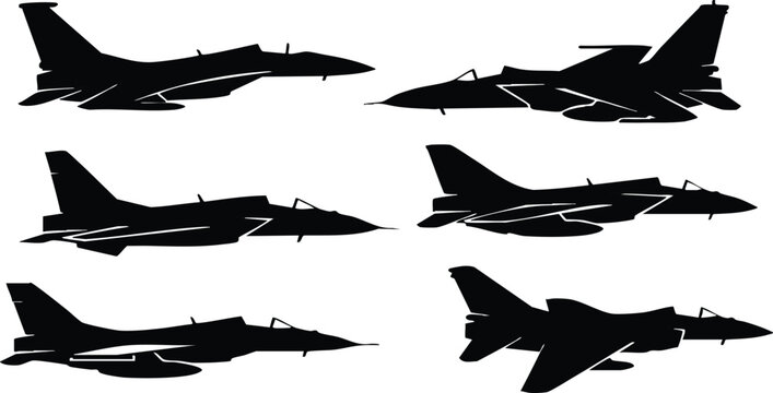 Military fighter jets silhouette collection in various positions showcasing aerodynamics and design elements for aviation enthusiasts 