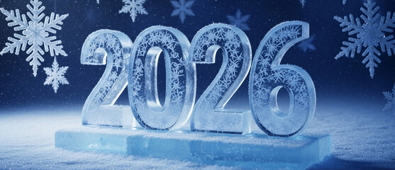Realistic 3D rendering of frozen 2026 text standing on ice blocks in a snowstorm with detailed snowflake patterns for a Happy New Year holiday promotion banner and cover