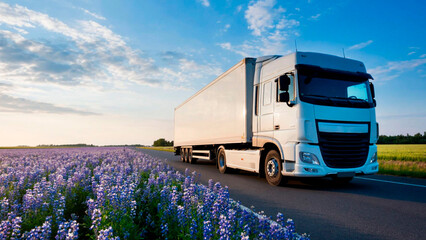 A dynamic shot of a moving white truck against a vibrant rural landscape. The wide road, flanked by blooming fields, emphasizes the scale and reliability of modern freight transportation.