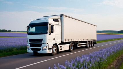 A dynamic shot of a moving white truck against a vibrant rural landscape. The wide road, flanked by blooming fields, emphasizes the scale and reliability of modern freight transportation.