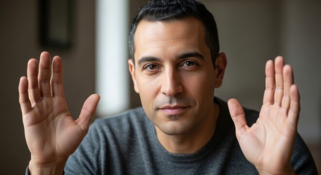 Confident man gesturing with open hands during positive communication - Powered by Adobe