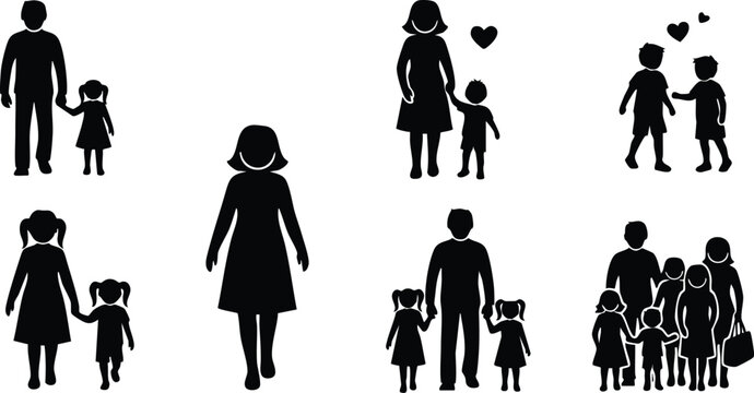 Family silhouettes depicting love and connection between parents and children in various poses for special occasions 