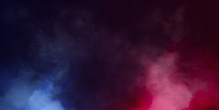 Foggy dark night scene with blue and red smoke, neon. Vector Illustrator