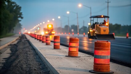 Road construction crew working on asphalt paving project at dusk, creating modern infrastructure with safety cones and heavy equipment for travel