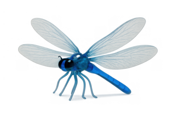 Blue dragonfly figurine with transparent wings, symbolizing nature, freedom, summer, and light, on a transparent background