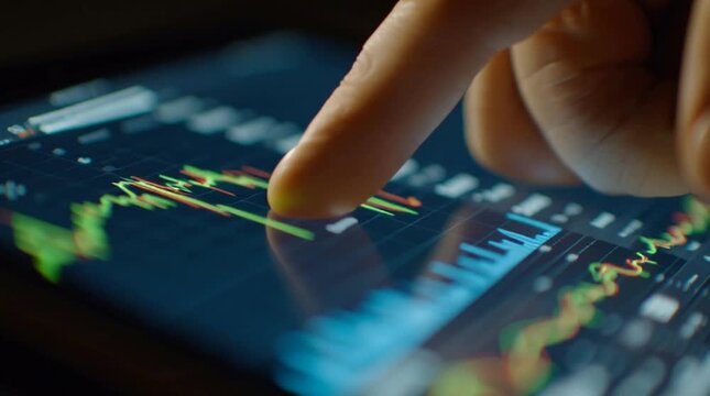 Close up of interactive tablet trading charts and data analysis with finger - Powered by Adobe