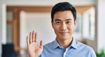 Friendly young Asian man with neat hairstyle wearing a light blue shirt waving happily indoor