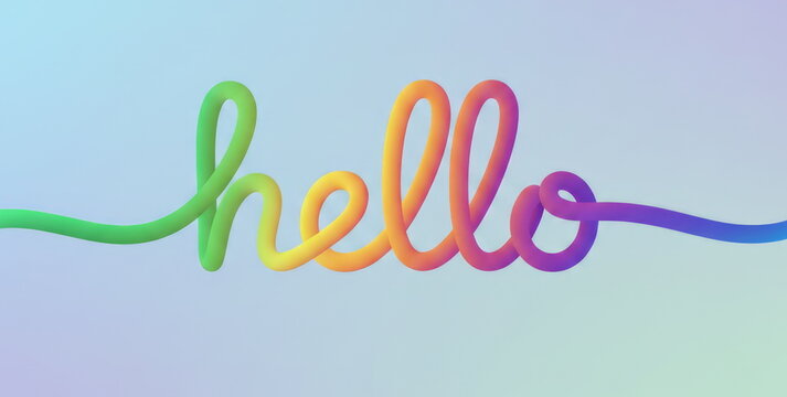 Rainbow Gradient Hello Script on Soft Pastel Background for Welcome and Cheerful Branding