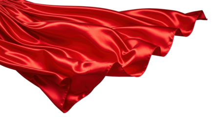 Flowing red satin fabric with elegant waves and luxurious shine on black background
