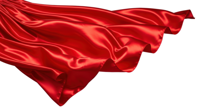Flowing red satin fabric with elegant waves and luxurious shine on black background