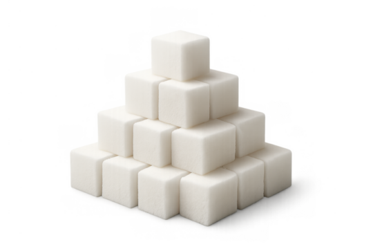 Sugar cubes stacked pyramid representing sweetness, unhealthy nutrition, and diabetes on transparent background