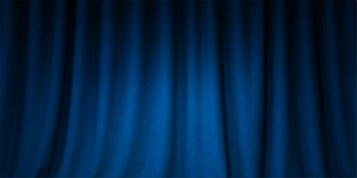 Blue velvet stage curtain backdrop illuminated by a theatrical spotlight, perfect for a show or cinema performance