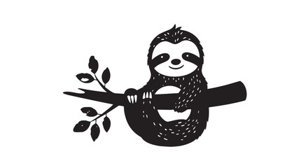 Fototapeta premium Playful sloth hanging from a branch in a simple illustration.