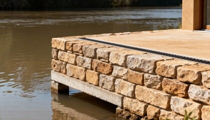 Medium shot of a raised masonry wall designed to elevate watersensitive structures showcasing floodresistant construction techniques against rising water levels.