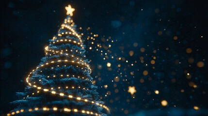 A glowing Christmas tree rotates softly at the center while snowflakes and sparkling stars fall through the scene, creating a magical holiday atmosphere for Christmas or New Year backgrounds.
