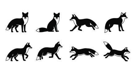 Collection of black and white fox silhouettes in various poses