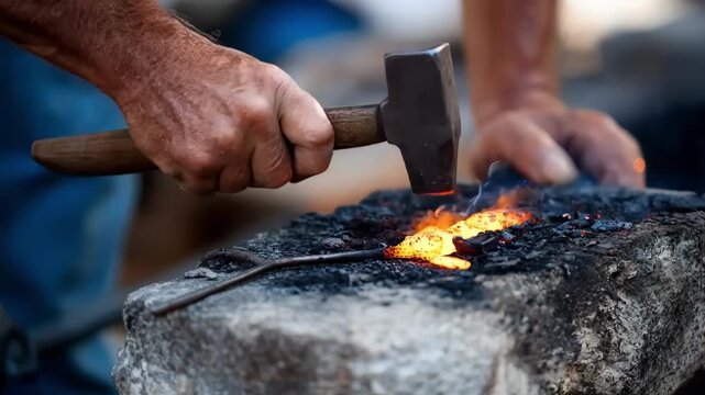 Closeup of a blacksmith shaping molten metal using opendie forging highlighting manual hammering techniques for customized precision parts.