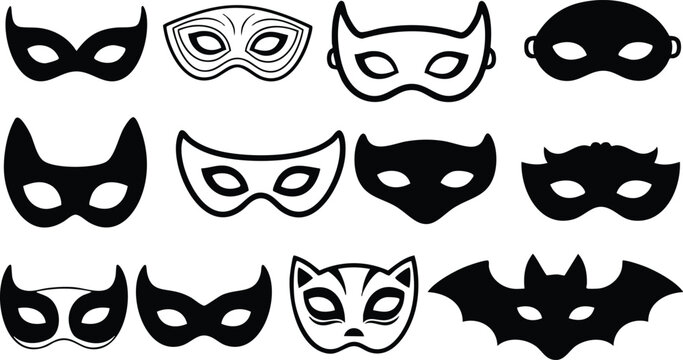 Collection of various black and white masquerade masks for festive occasions and celebrations in vector format 