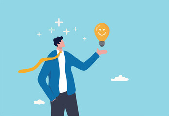 Positive thinking, optimistic mindset or good attitude to success in work, always get idea to solve any problems concept, happy businessman holding smiling lightbulb idea with positive vibes around.