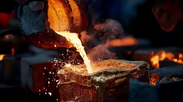 Close view of a worker pouring molten copper into a bracketshaped mold highlighting the intense heat and metal flow in a casting workshop.