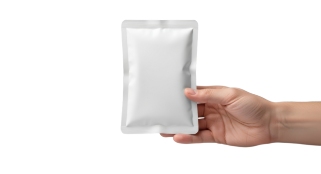 Blank foil packaging in hand for food or cosmetic product display on black background