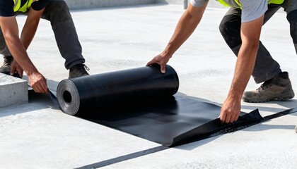 Crew prepares surface and rolls out waterproofing membranes as a protective barrier to shield...