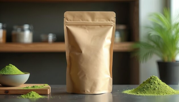 Paper bag displays matcha powder beside tea set in cafe. Product shot represents a food item sold at the shop. The image is a blank mock up for package. Green tea product promotion.