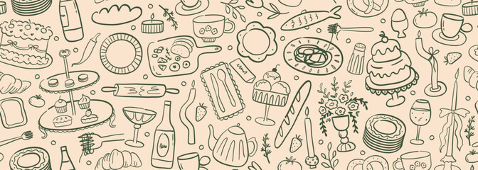 Elegant doodle food and wine seamless vector banner. Italian menu silhouette illustrations on wide background. Contemporary art outline dinner party design