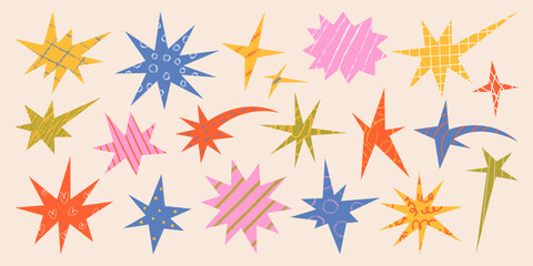 Cut out childish star shapes with textured grid and stripes. Geometric space crayon vector drawings. Abstract cosmos elements for scrapbook collage design © Olga