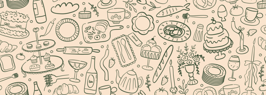 Elegant doodle food and wine seamless vector banner. Italian menu silhouette illustrations on wide background. Contemporary art outline dinner party design